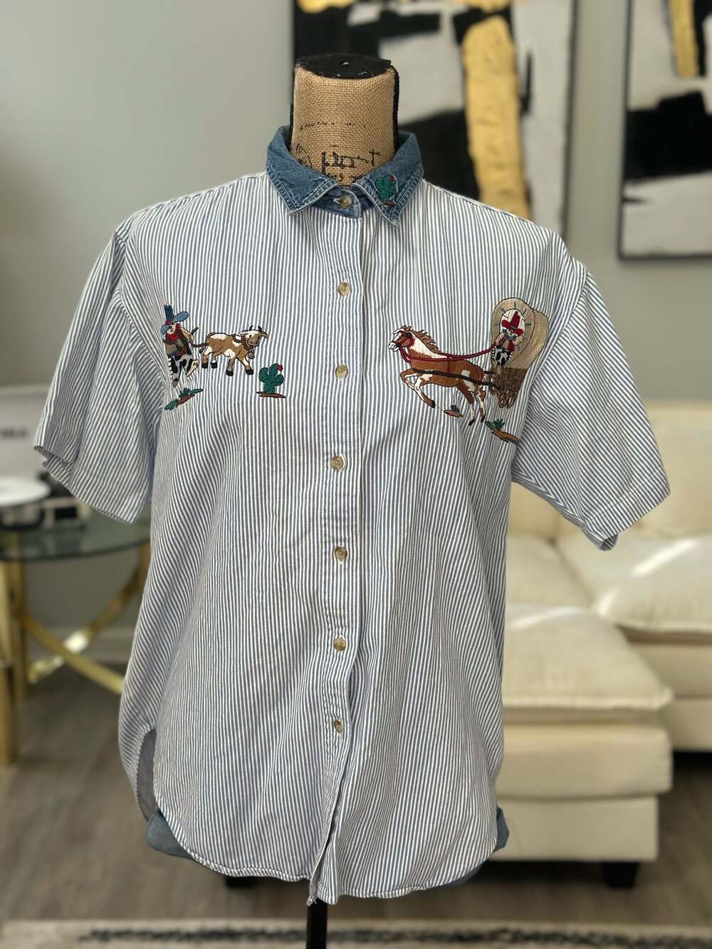 Vintage Quizz Again New York Striped Embroidered Cowboy Denim Button Up - Picture 2 of 8